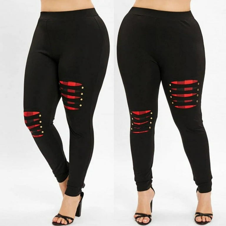 Pgeraug leggings for women Plus Size Beading Ripped Plaid Panel Elastic  Waist Leggings pants for women Black 4XL