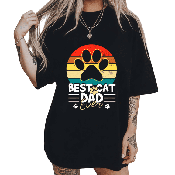 Retro Groovy Cat Dad Paw Print Tshirt Black S-5XL Best Cat Dad Graphic Tees Shirts Tops