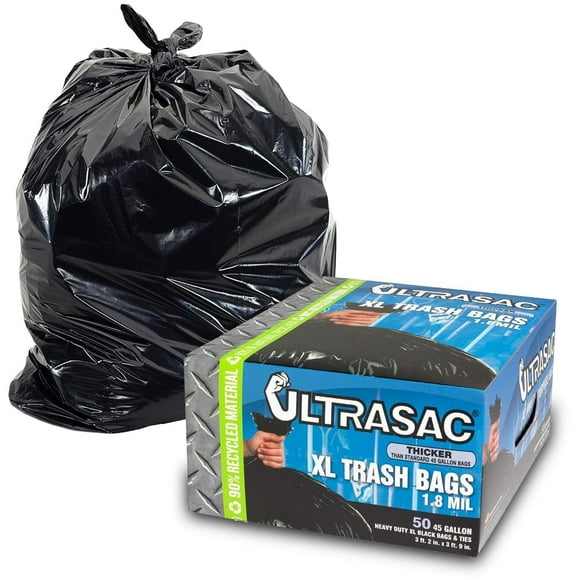 Ultrasac Heavy Duty 45 Gallon Trash Bags Huge 50 Count/w Ties) - 1.8 MIL - 38"" x 45"" - Large Black Plastic Garbage Bags for Contractor, Industrial, Home, Kitchen, Commercial, Yard, Lawn, Leaf