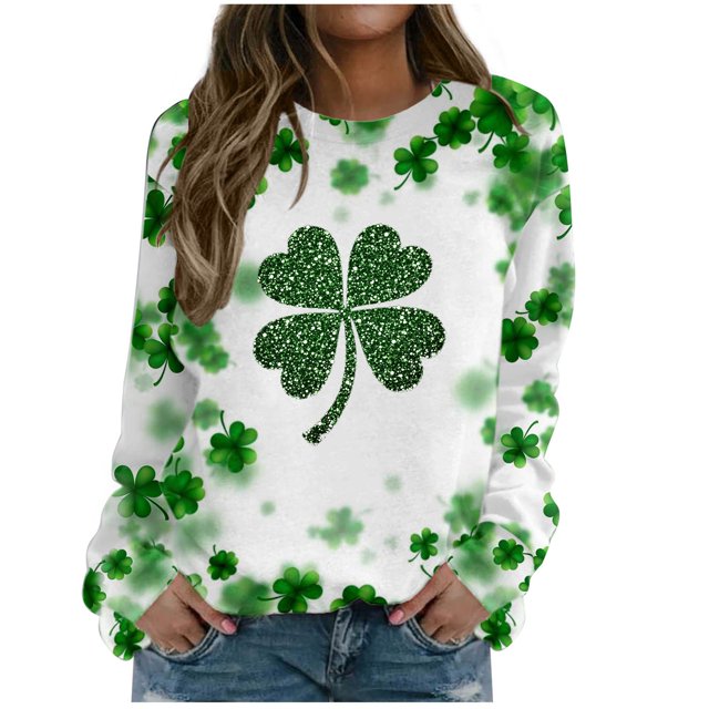 Plebaso Chandail en Molleton de la Saint-Patrick pour Femmes Imprimé Trèfle Col Rond Manches Longues Chandail P-5TG