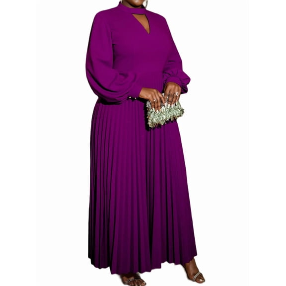 Women'S Elegant Pleated Maxi Dress with Puff Sleeves and Stand Collar for Various Occasions XL