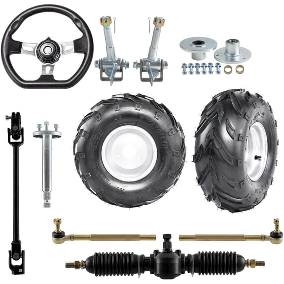 16x8-7 Go Kart Wheels Tires 3 Lug and Steering Spindle Wheel Hubs & Go Cart Steering Assembly Kit & Steering Wheel, Gear Rack Pinion Tie Rod Shaft for DIY Drift Trike ATV Quad Golf Cart Buggy