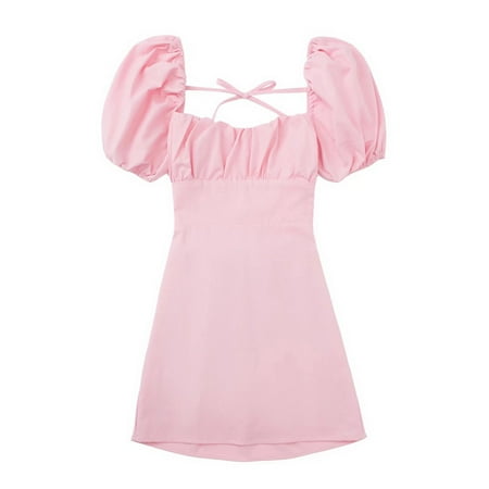 ameIAEA Womens Short Sleeve Summer Babydoll Dress Square Neck Lace-Up Ruffle Casual A Line Dress