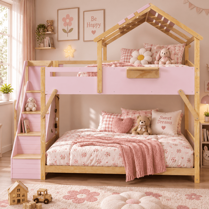 Full Over Full House Bunk Bed with Stairs, 3-Color LED Lights, Built-in Storage Panel, Wood House Bunk Bed Frame for Kids Teens, No Box Spring Needed