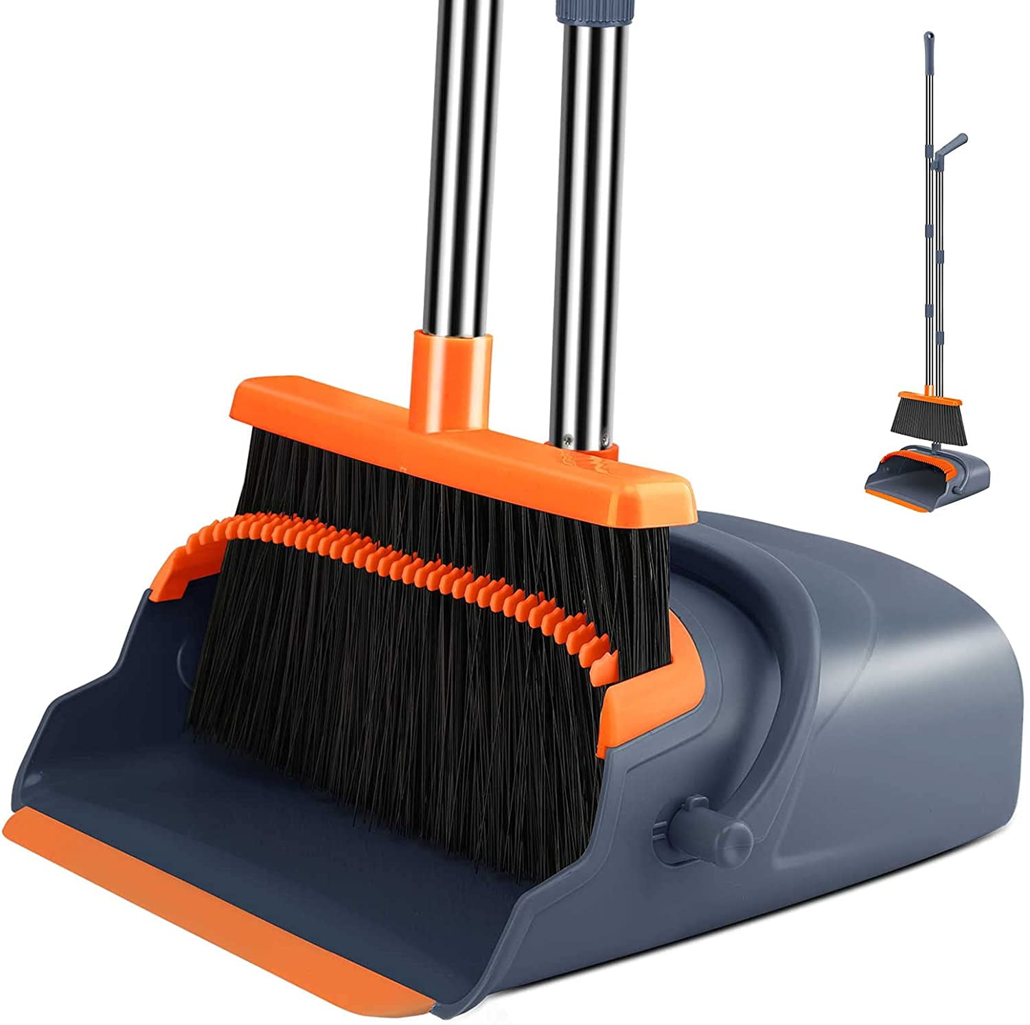 Grey Long Handled Dustpan And Brush Set Dust Pan Handle Broom Upright Sweep 