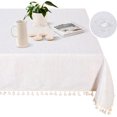 thumbnail image 1 of Manteles rectangulares de lino de 56 x 104 pulgadas, manteles rectangulares, impermeables, lavables, para mesa de picnic, cocina, comedor, fiestas, vacaciones, Navidad, color beige con borlas beige, 1 of 5