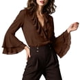 thumbnail image 2 of ClodeEU Women's V Neck Bell Long Sleeve Chiffon Top with Ruffle Hem,Casual Pullover Blouse ,Women's Plus XL, 2 of 5