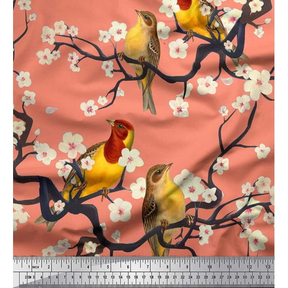 Soimoi Orange Cotton Poplin Fabric Fish,Bird & Yacht Bird Print Fabric by The Yard 56 Inch Wide