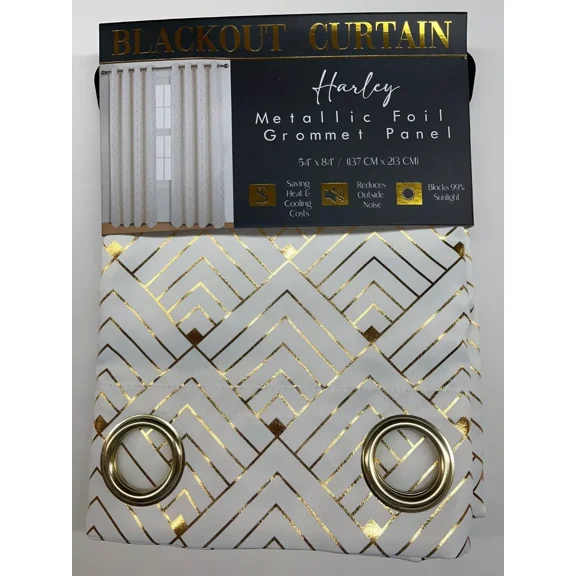 Set of 2, Harley Grommet Top Blackout Curtains with Metallic Foil Geometric Design, 84" Long
