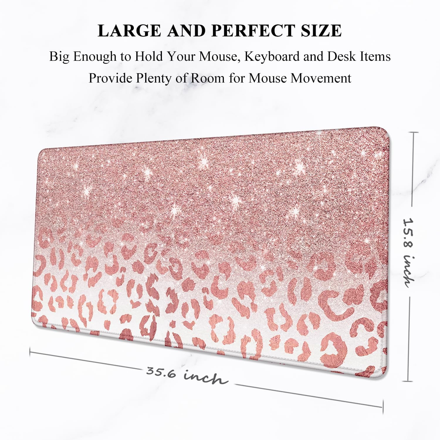Large Mouse Pad, XXL Desk Pad, Extened 35" x 15", Non-Slip Rubber Base, Stitched Edges, Superior Surface, Waterproof Keyboard Mat, Large Mousepad for Gamer, Office & Home, Pink Gold Leopard