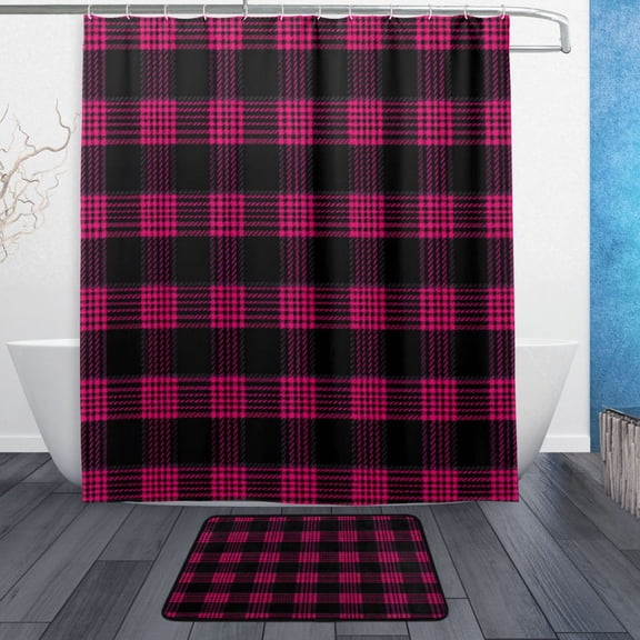 TTYFWHD 60" x 72" Shower Curtain and Bath Mat Set Bright Pink Black Tartan Print Waterproof Bathroom Curtain with 12 Hooks, Bathroom Decor Set