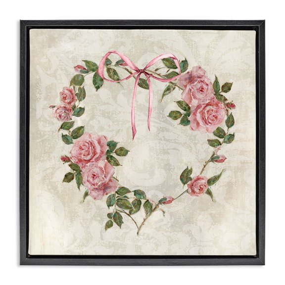 Stupell Industries Cottage Garden Heart Wreath Black Floating Frame Canvas Art, 18 x 18, by Sally Swatland