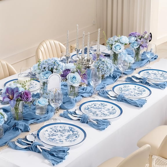 EI 60pcs Blue and White Floral Plastic Plates