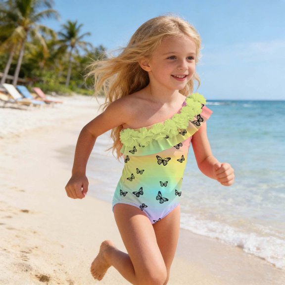 Odeerbi 1-5 Years Toddler Girls Hawaiian One-Piece Swimsuit One Shoulder Quick Dry Beach Swimwear Summer Ruffle Bathing Suit