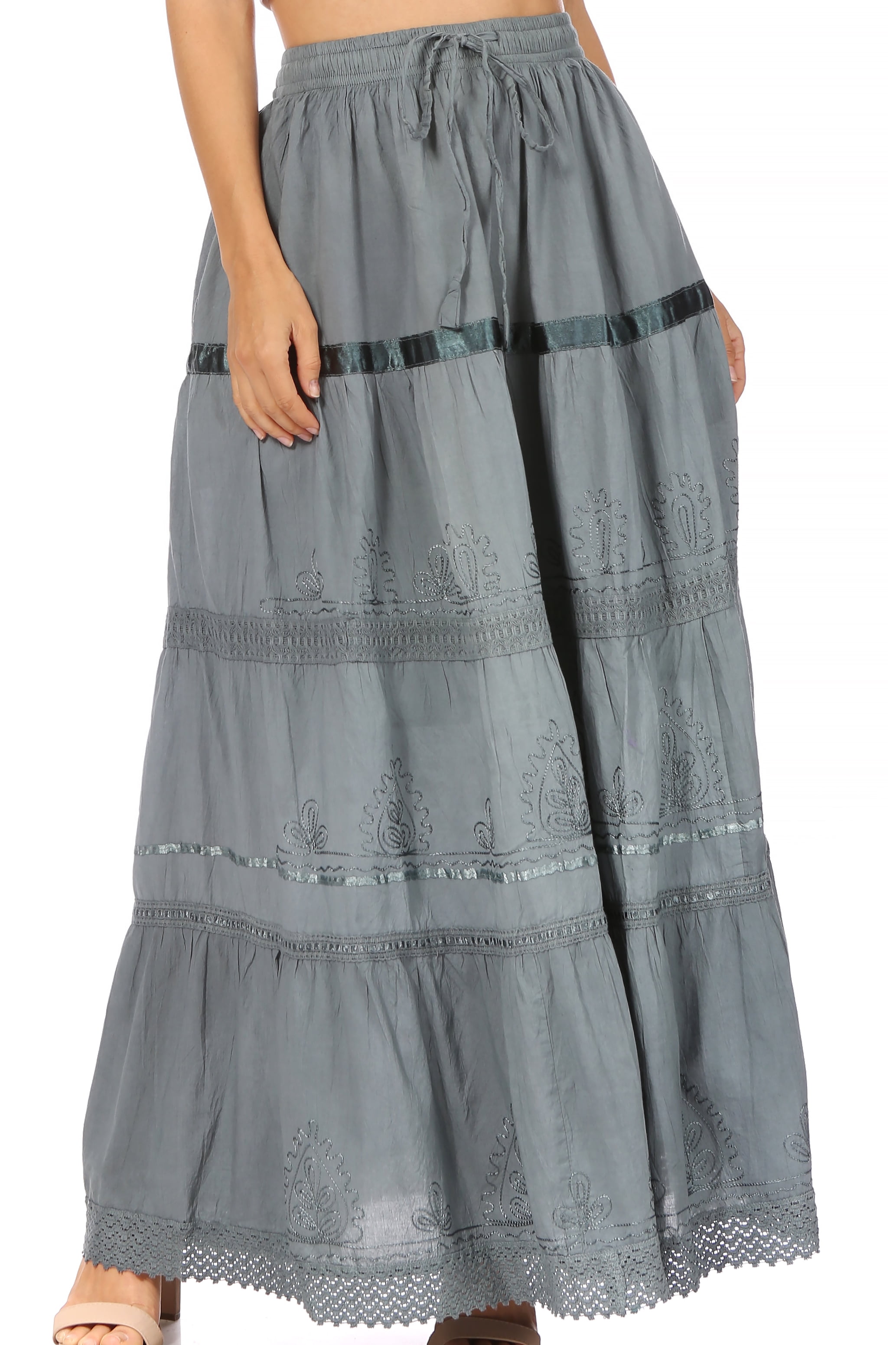 Sakkas Solid Embroidered Gypsy / Bohemian Full / Maxi / Long Cotton Skirt -  Grey - One Size - Walmart.com