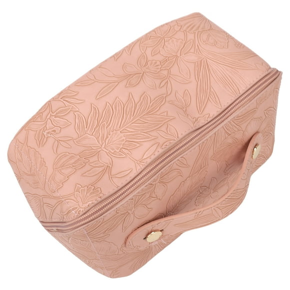 Women Cosmetic Bag, Pink Large Capacity Embossed Floral Pattern PU Leather Multi Functional Waterproof Make Up Bag  for Girl for Travel