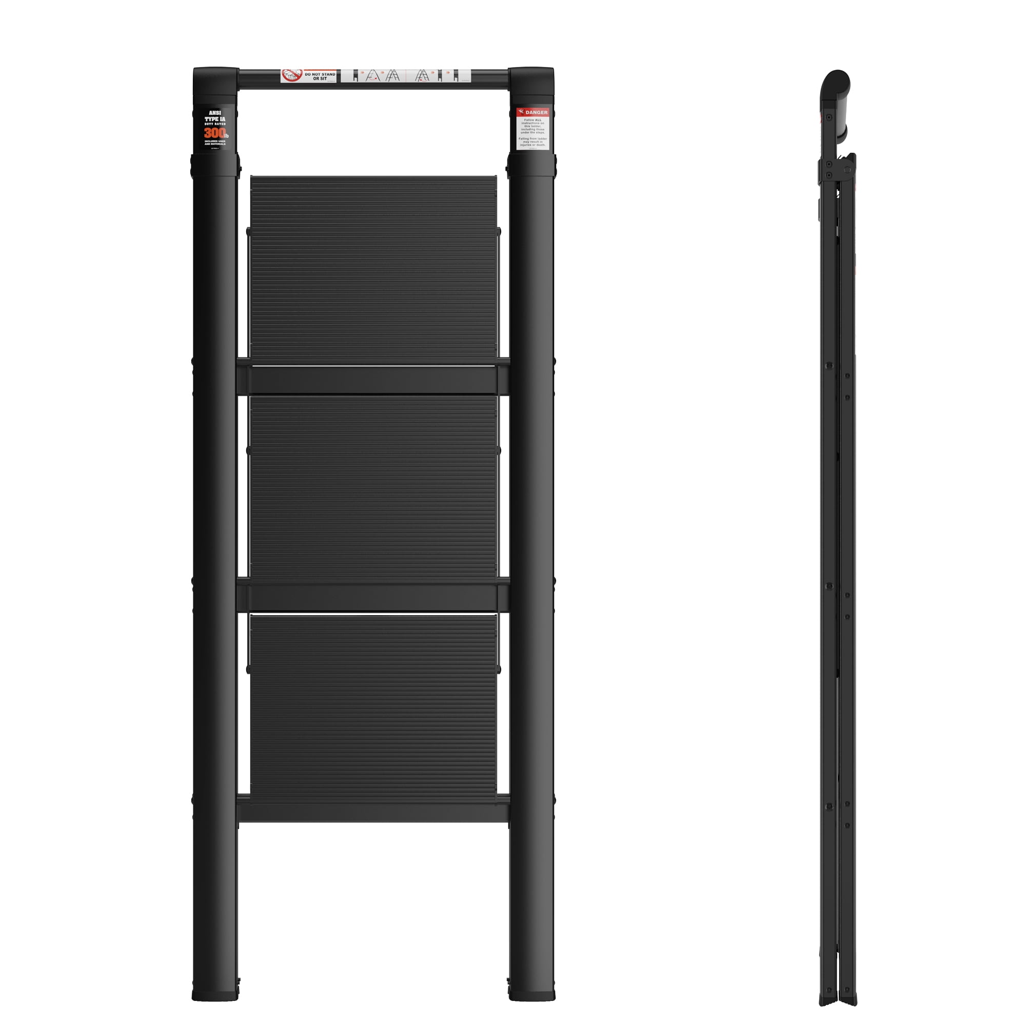 Kadyn Aluminum 3 Step Ladder, Retractable Ladder Folding Step Stool with Anti-Slip Wide Pedal, Portable Lightweight Ladder for Home and Office Use, Black