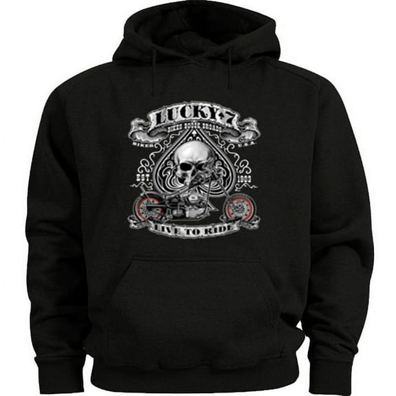 Lucky 7 Biker Skull Decal Hoodie Men's Sweatshirt Black