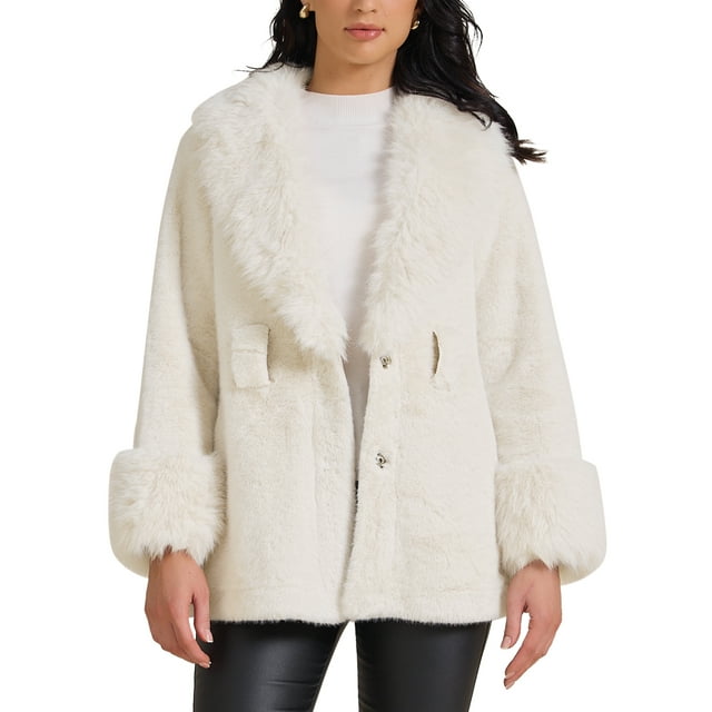 Abrigo de piel sintética para mujer, abrigo de invierno con solapa, suave y cálido, con bolsillos, L blanco