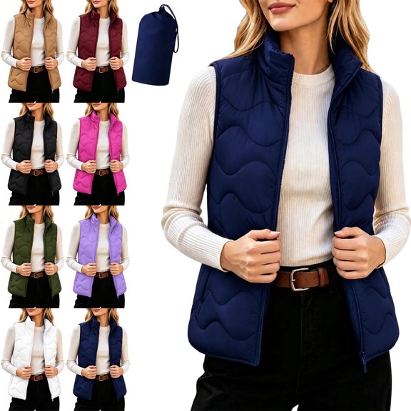 Puffer Vest for Women High Collar Padded Warm Lightweight Outerwear with Storage Bag Vest