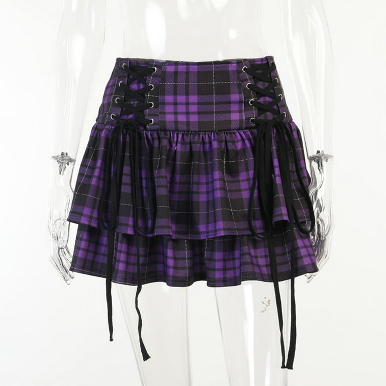 GENEMA Women Gothic High Waist Double Layer Plaid Mini GENEMA Women Gothic High Waist Double Layer Plaid Mini
