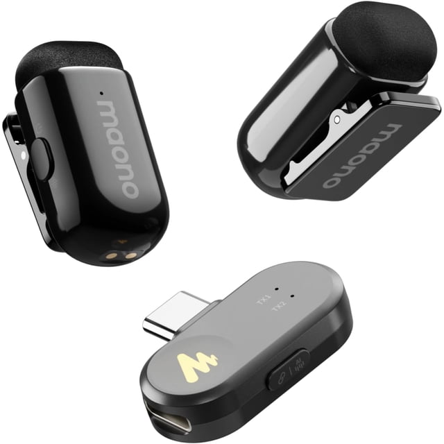 MAONO Micrófono Lavalier Inalámbrico para iPhone 16 15 & Android Tableta, Micrófono Solapa Lavalier con USB-C, Caelación de Ruido, Filtro de Voz AI para Grabación de Vídeo Vlog,Wave T1 Mini(Tipo C)