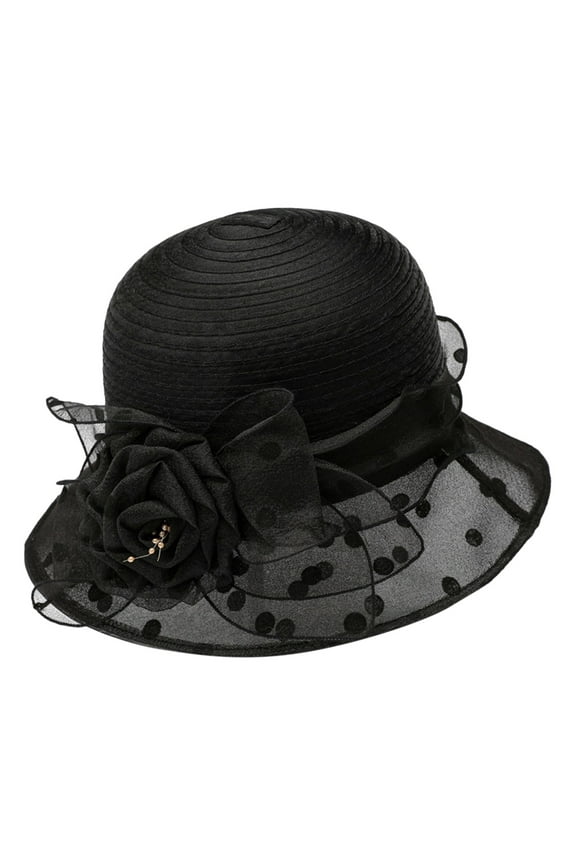Church Hats for Women, Comdrip Women's Summer Flower Sun Hat White Holiday Black Polka Dot Thin Hat Women Organza Derby Tea Party Hat Flower Church Wedding Bridal Caps Tea Party Hat Black One Size