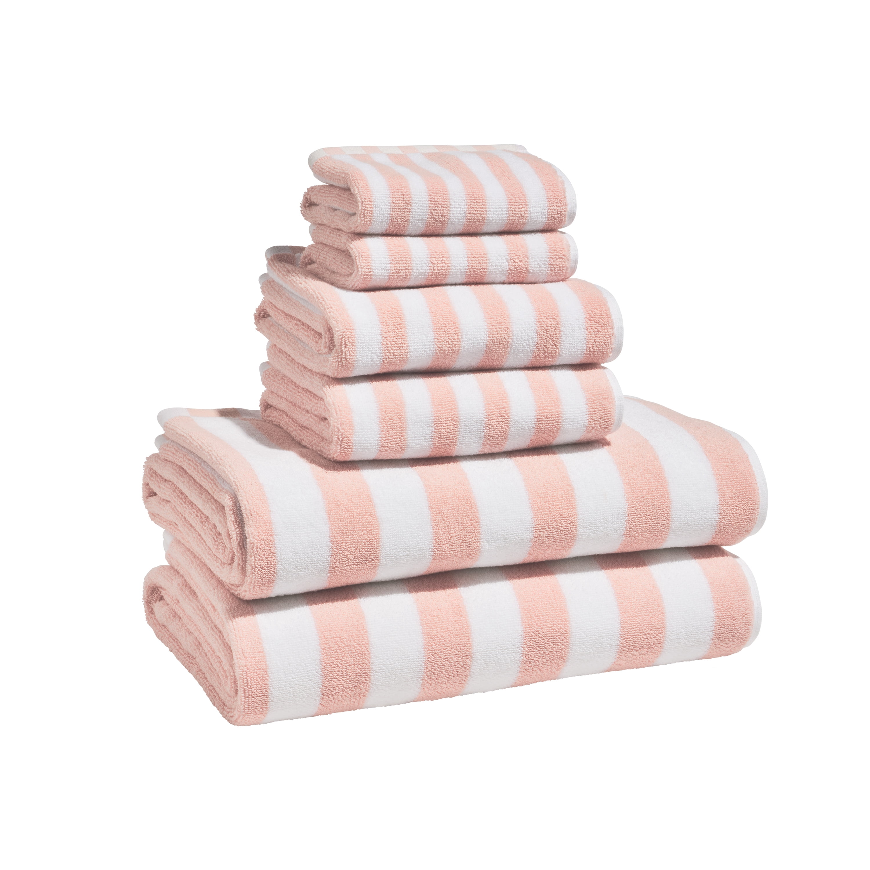Beautiful by Drew Barrymore 6-Piece Stripe Hem Bath Towel Set, Soft Cotton, Rose