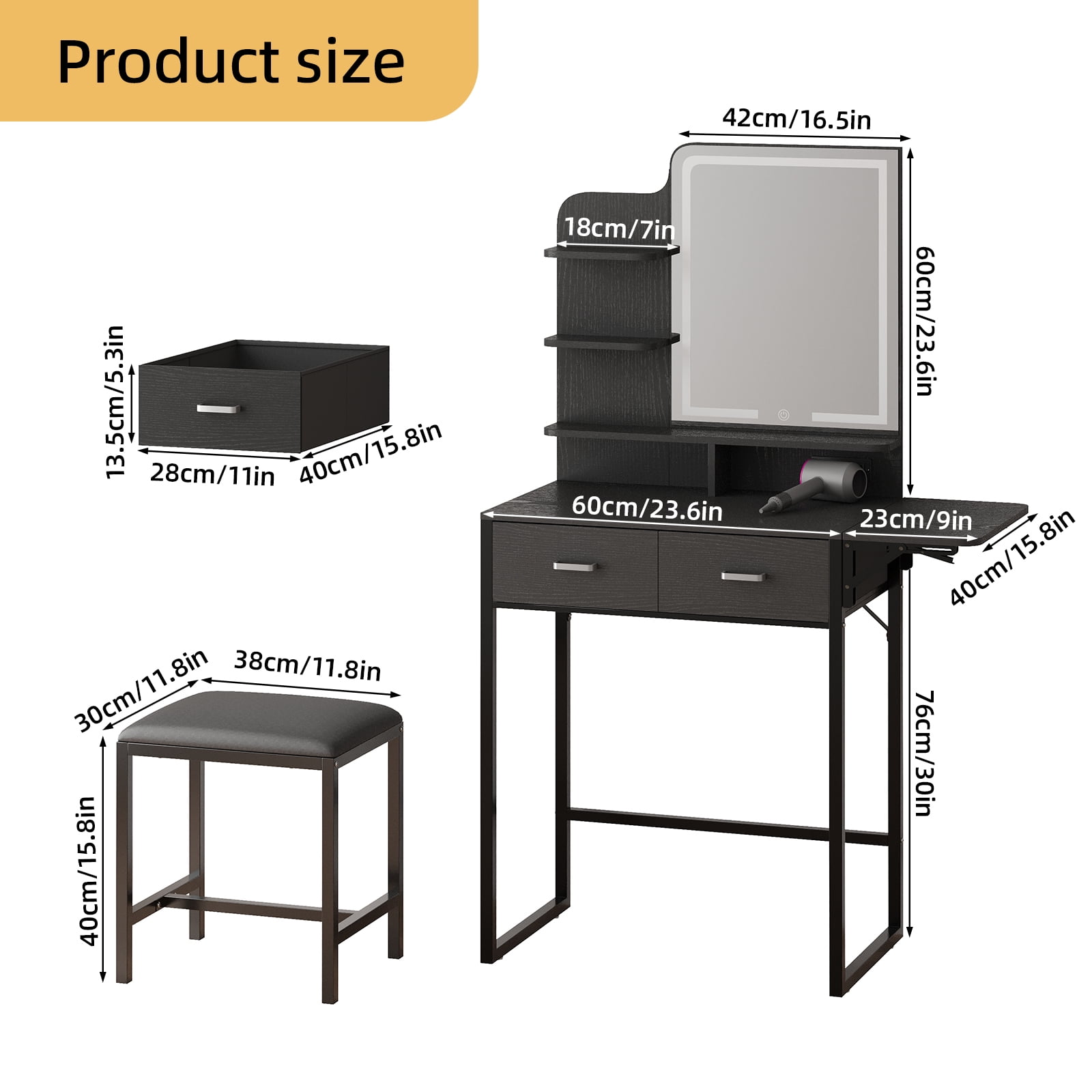 Fairy Makeup Vanity Desk with Mirror, Lights, Power Outlet, Chair & Storage Drawer, Black