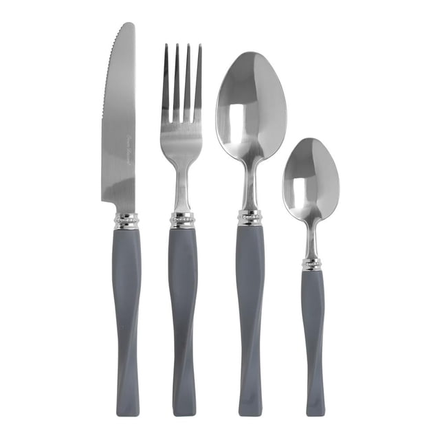 set cubiertos Crown Baccara de acero inoxidable 16 piezas con mango gris medio ABS soft touch; vista frontal que muestra un cuchillo, tenedor, cuchara sopera y cucharita con hojas pulidas y mangos texturizados en gris.
