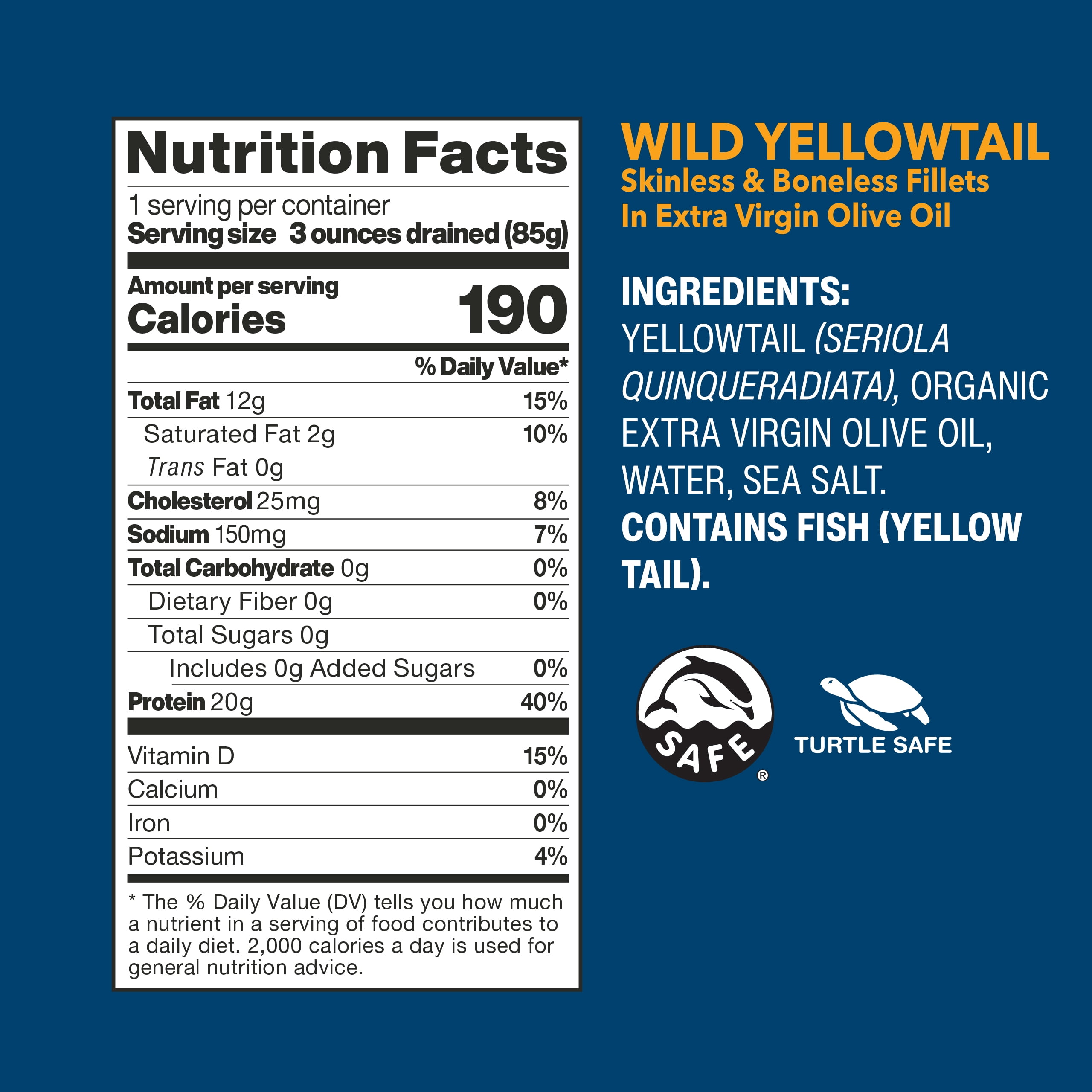 Wild Planet Yellowtail Fillets Skinless Boneless in Extra Virgin Olive Oil, 4.4 oz Can