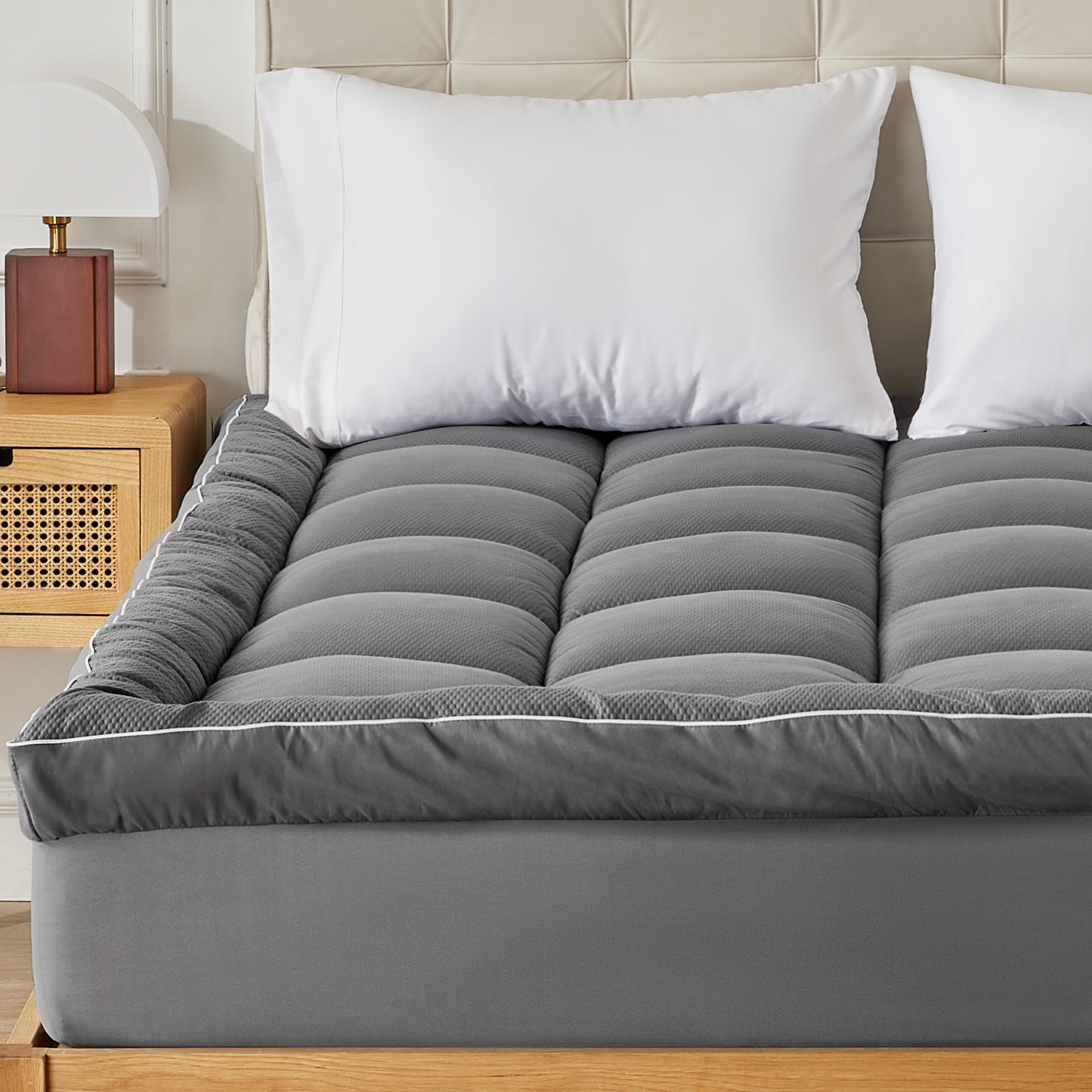 Sonive Ultra Thick Mattress Topper King, Pillow-Top Box Quilted Pad with Premium 1000gsm Alternative Filling, Gray