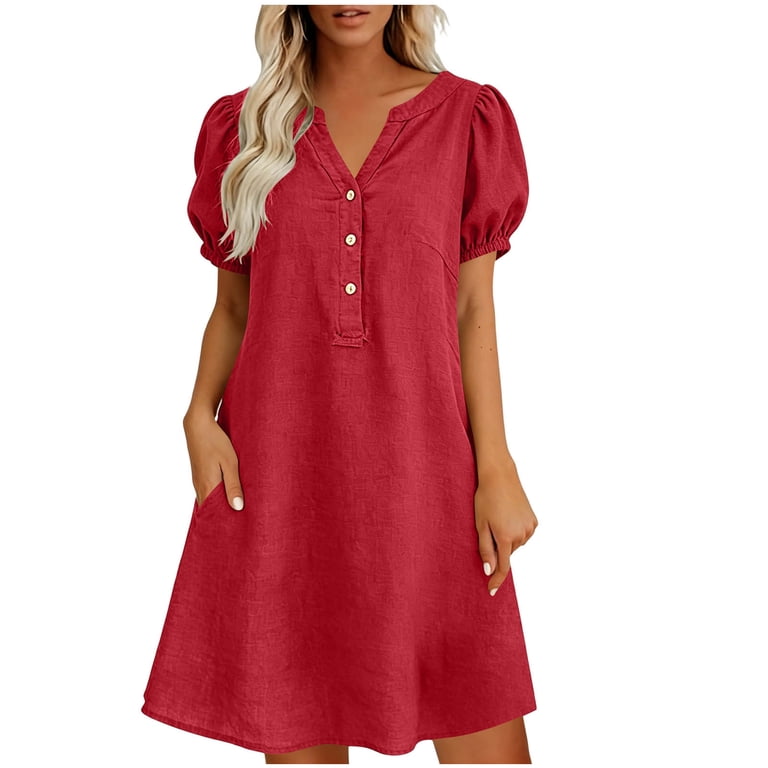red linen puff sleeve dress boohoo Women's Linen Look Volume Sleeve Mini Dress in Red | Size: 4