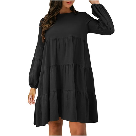 LLYwey s Casual Work Dresses for Women Solid Color Round Neck Lantern Long Sleeve Bodice Dress New Maxi Dresses Black S