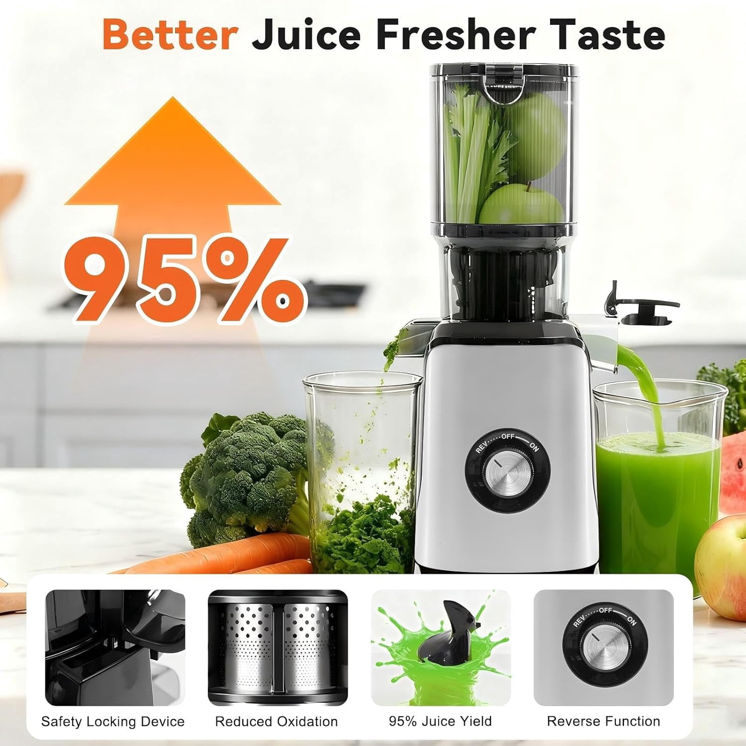Slow Masticating Juicer Machines, Cold Press Juicer with Safety Lock & Reverse Function, 4.25 Feed Chute for Whole Fruits Vegetables, High  Yield, Silver
