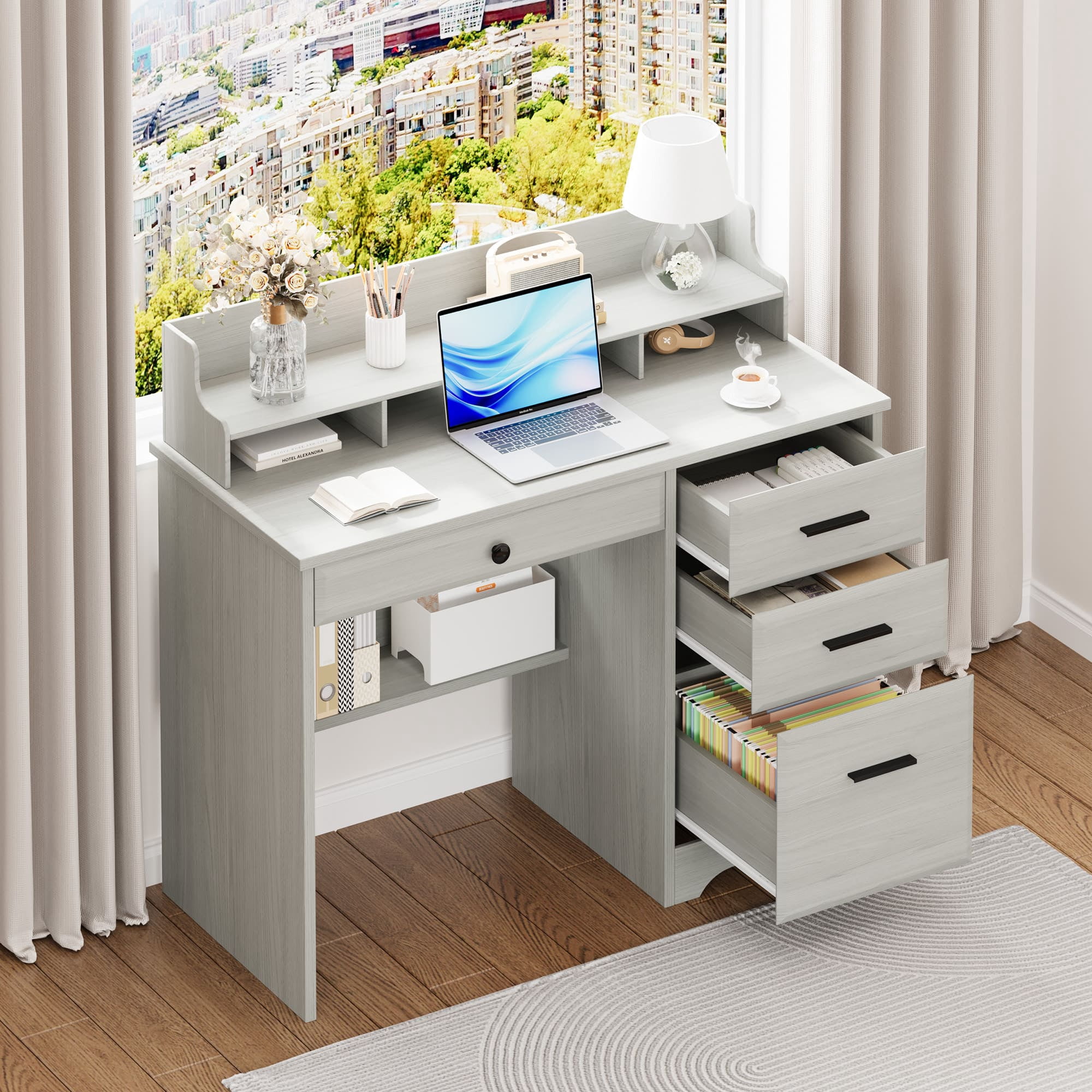 4 EVER WINNER Small Wood Desk with Drawers, File Cabinet & Monitor Stand, Home Office Computer Writing Desk for Bedroom, Off White