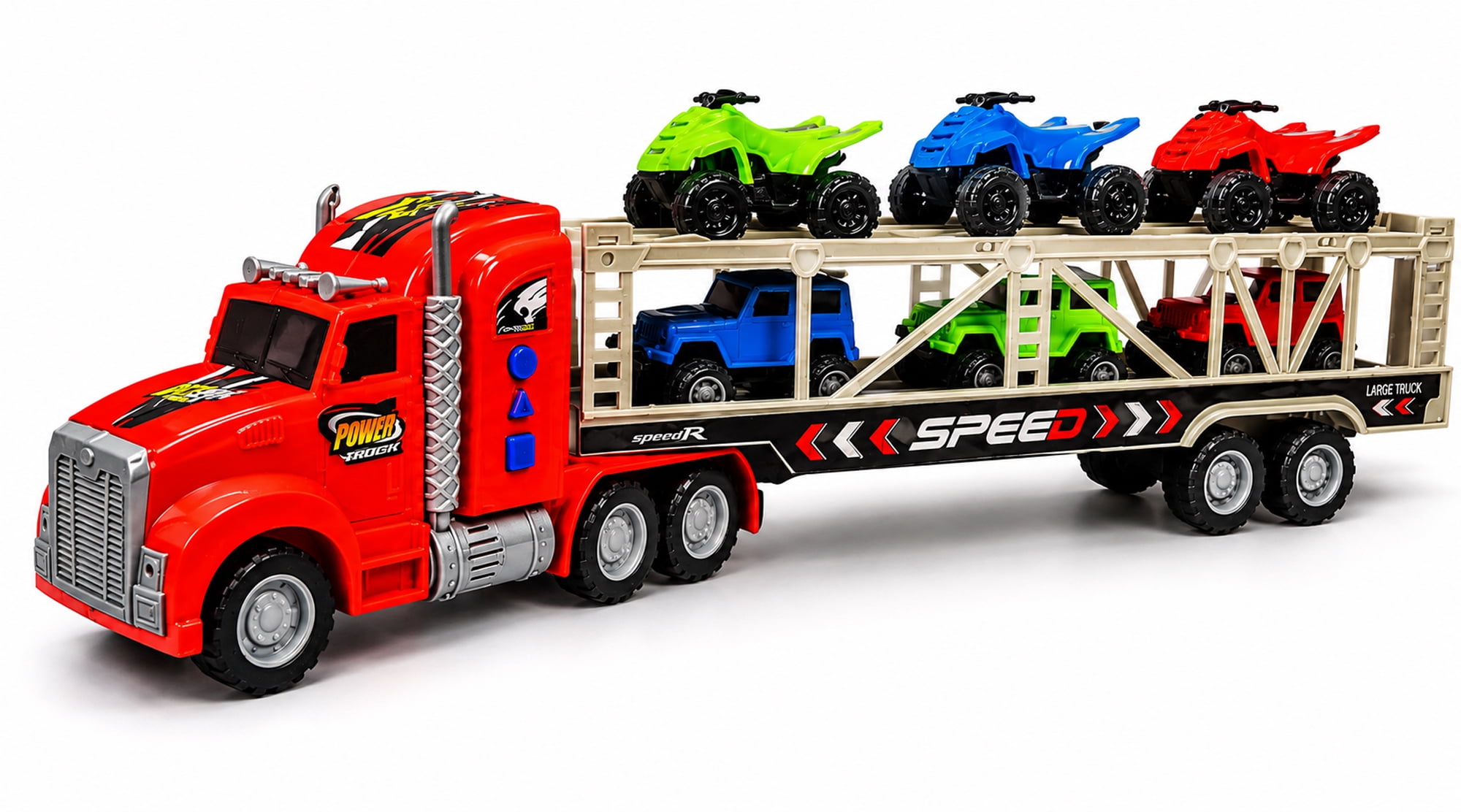 Friction Powered Toy Car Carrier Truck, 23 Inch Transport Trailer with 6 Mini Vehicles, Lights, Sounds, Opening Rear Door, Detachable Trailer