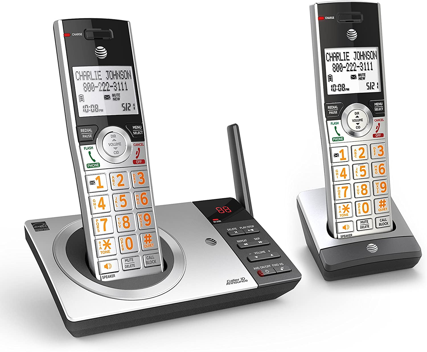 Silver/Black with 2 Handset AT&T CL82207 DECT 6.0 Expandable Cordless Phone with Answering System & Smart Call Blocker 