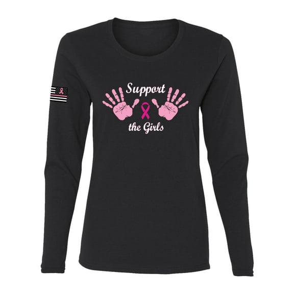 Wild Bobby Support the Girls USA Flag Sleeve Breast Cancer Awareness Women Long Sleeve Tee, Black, Small