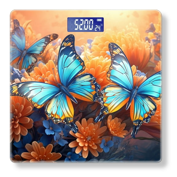 High Precision Body Weight Scale Smart Bathroom Scales with Large LCD Display(400lbs),Decorative for Bedroom-Beautiful Blue Butterflies With Orange Flowers