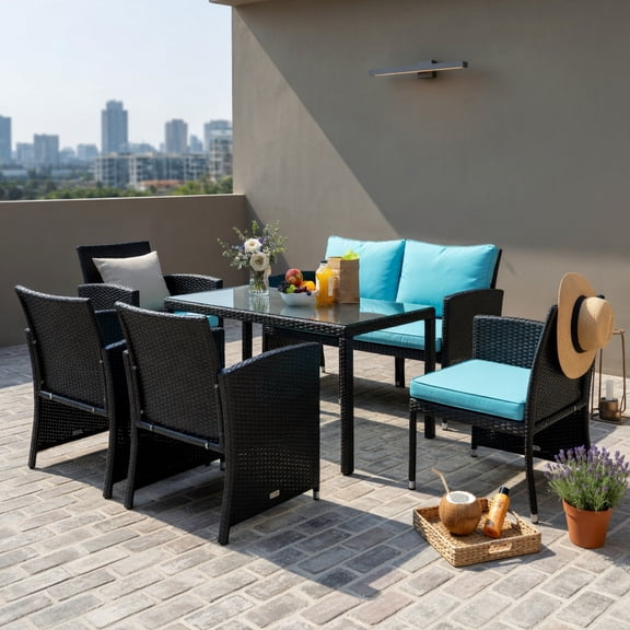 Hommoo 4-Piece Outdoor Rattan Patio Furniture Set with Cushions, Loveseat, 2 Chairs & Tempered Glass Coffee Table for Backyard, Poolside or Balcony, Turquoise