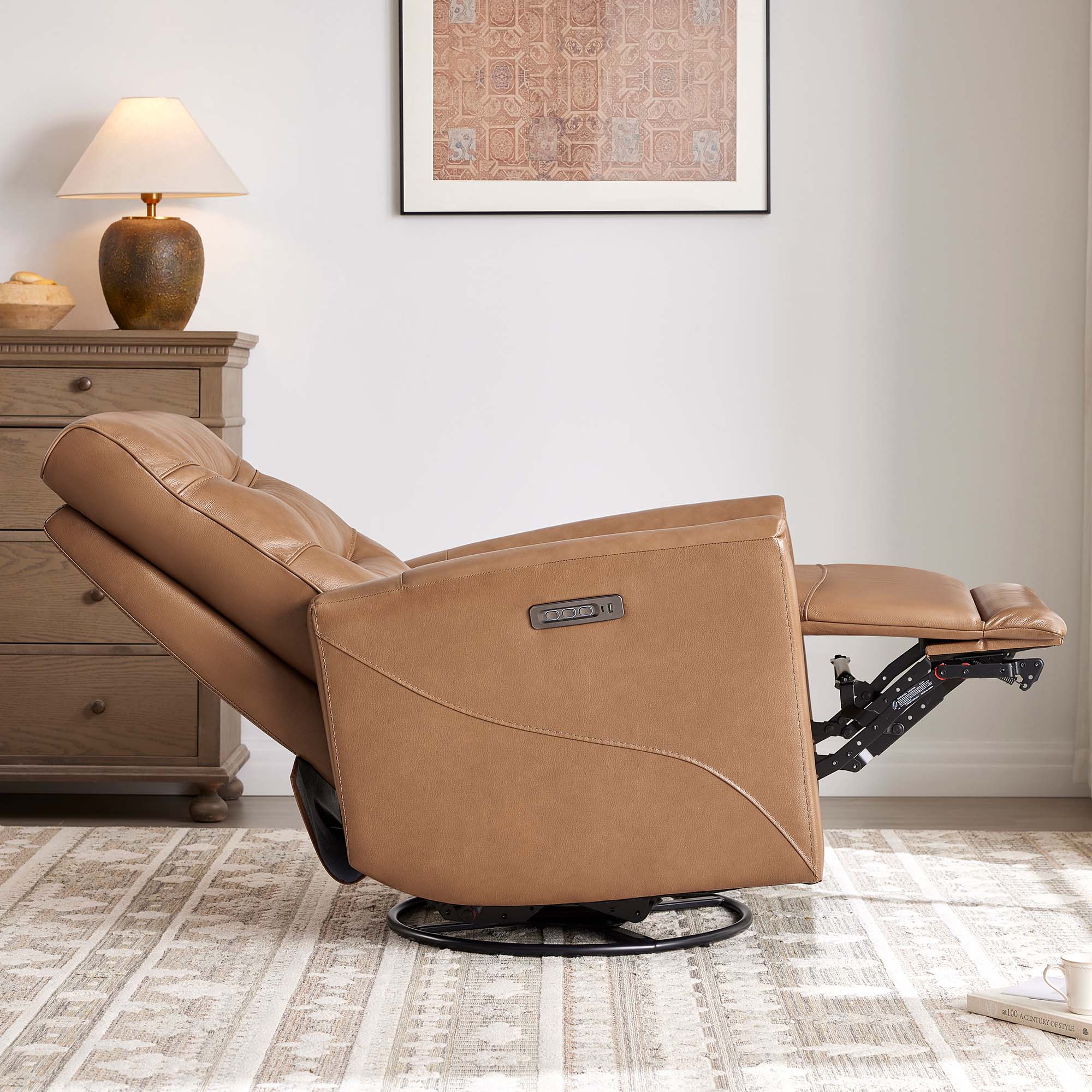 Spruce & Spring Genuine Leather Swivel Glider Recliner with Triple Motor Support, Saddle