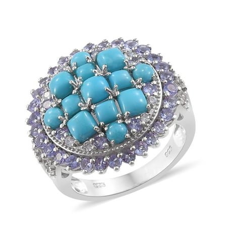 - Sleeping Beauty Turquoise Tanzanite Cluster Ring 925 Sterling Silver Platinum Plated Gift Jewelry for Women (8,7,6,5)