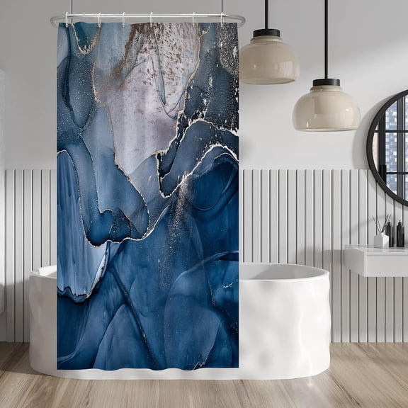 Navy Blue Marble Shower Curtain Gold Line Cracks Drape Modern Abstract Luxury Texture Shower Curtains Decorative for Bathroom Waterproof Fabric Shower Curtain with Hooks 36x72 Inches