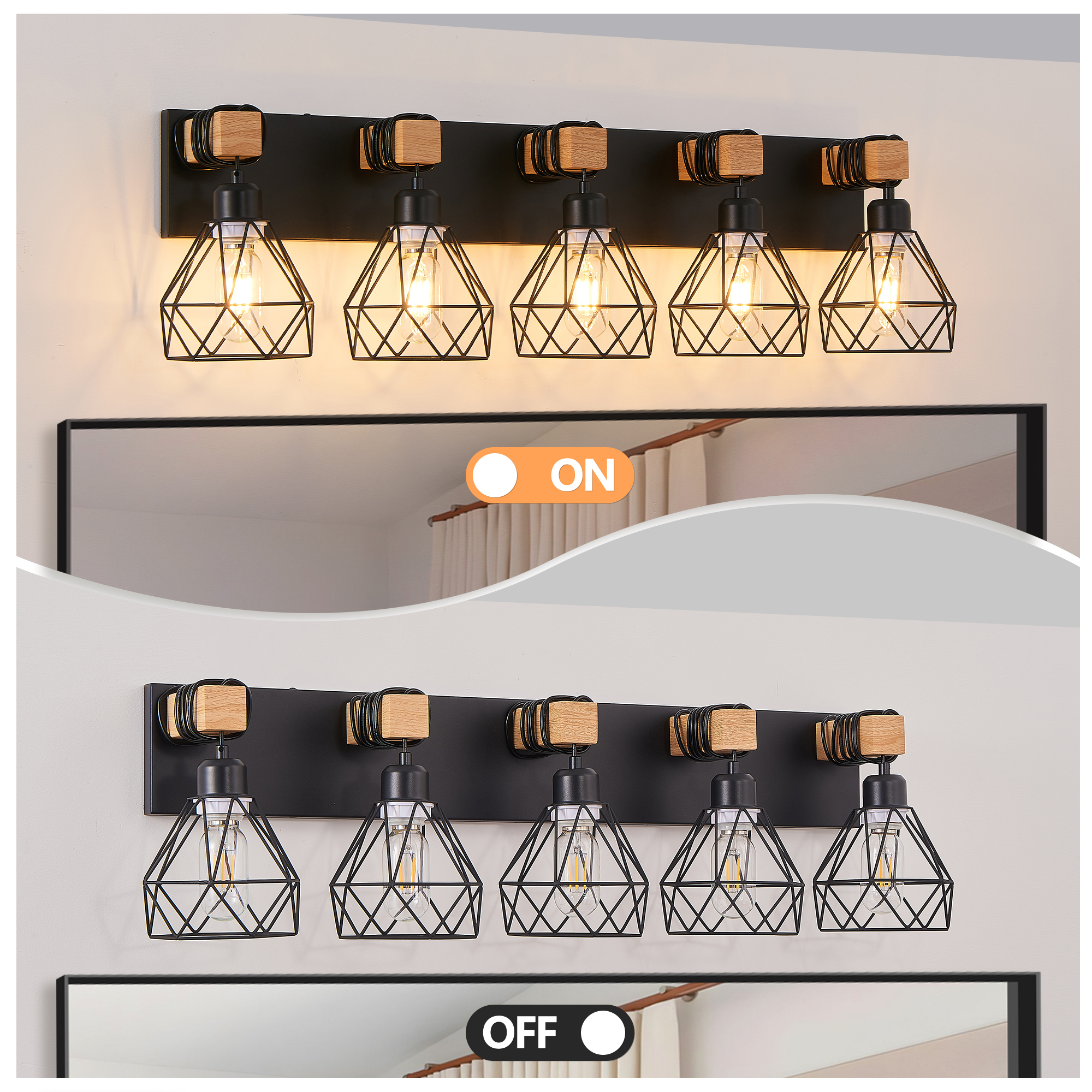Leumius Modern Geometric 5-Light Vanity Light Fixture with Black Metal, Wooden Accents and Cage Lampshade for Bathroom, Bedroom, or Living Room (Bulb Not Included)
