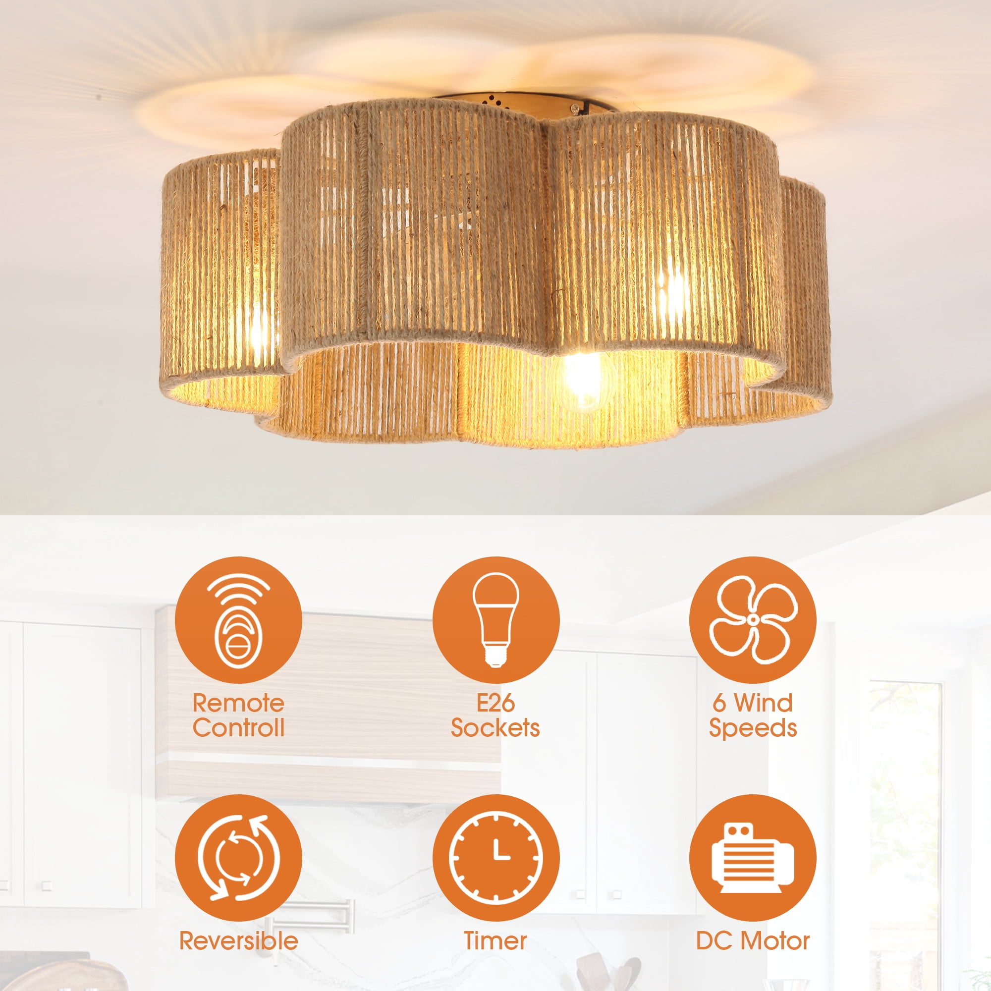 Parrot Uncle Bohemia 21" Smart Brown Hemp Rope Flush Mount Ceiling Fan with Remote and App Control
