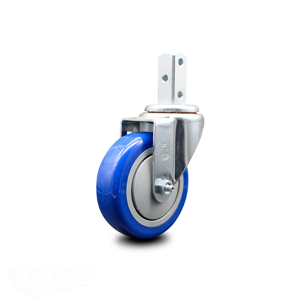 Swivel Square Stem Caster w/4” x 1.25” Blue Non-Marking Polyurethane Wheel – 3/4” x 2” Square Stem with (3) 17/64” Diameter Mounting Holes – 350 lbs. Capacity/Caster – Service Caster Brand