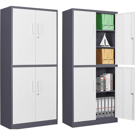 Letaya Metal Storage Cabinet with Lock Door, Adjustable Shelf Steel Cabinets for Office, Home,Pantry,Kitchen,Garage Utility Cabinet (4 Door-White&Gray)
