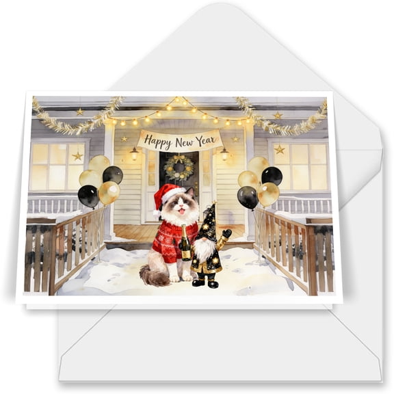 Happy New Year 2026 Ragdoll Santa Gnome Holiday Party Snow 7x5in Folded Greeting Card Cat Lover Kitten Owner Gifts Idea Single Note Card with Envelope - 13019