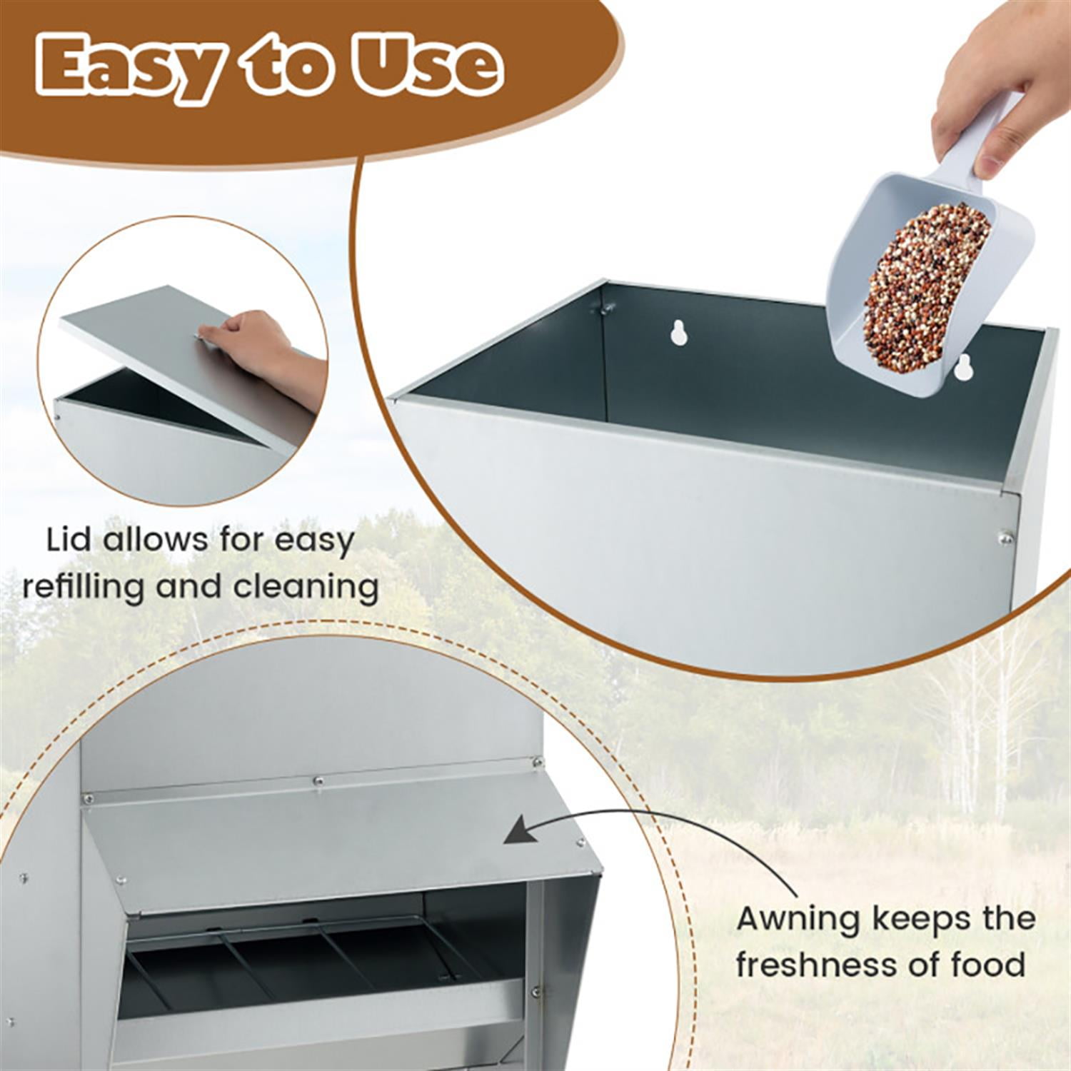 Kadyn Wall Galvanized Chicken Trough Feeder, Weatherproof Poultry Food Dispenser with Lid 50LB Capacity, Silver